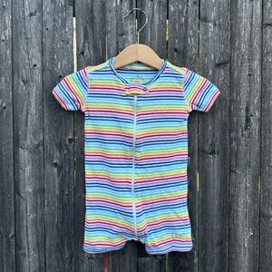 Primary Striped Colorful Short Sleeve Zip Romper in Rainbow - Size 9-12 Months